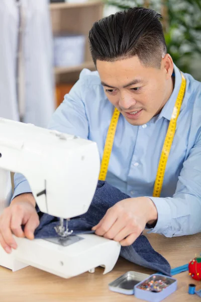 Young Handsome Asian Man Designer Working Sewing Machine — Stock Photo, Image