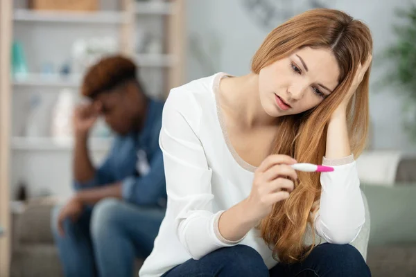 Portrait Young Shocked Woman Pregnancy Test — Stock Photo, Image