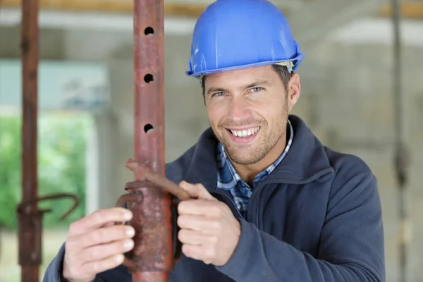 Portrait Plumber Pipes Construction Site — Stock Photo, Image