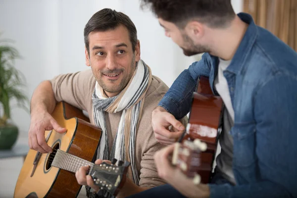 Two Guitar Players Classic Guitars Space Text — Stock Photo, Image