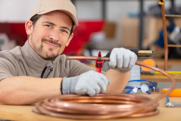 Skilled Tradesman Soldering Copper Pipe — Stock Photo, Image