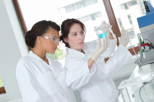 Cientistas Olhando Líquido Copo Vidro — Fotografia de Stock