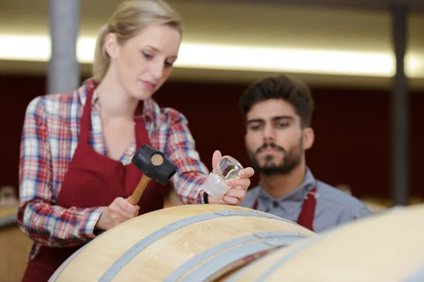 Kvinna Och Man Sommeliers Vingård Källare — Stockfoto