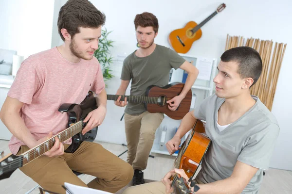 Felice Gruppo Amici Che Amano Suonare Chitarra — Foto Stock