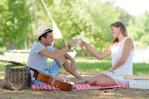 Jong Paar Het Park Juichen Tijdens Picknick — Stockfoto