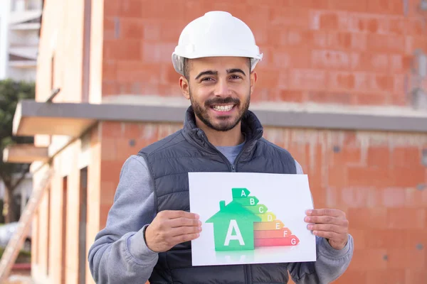 Contratante Estaleiro Construção Segurando Bandeira Energia — Fotografia de Stock