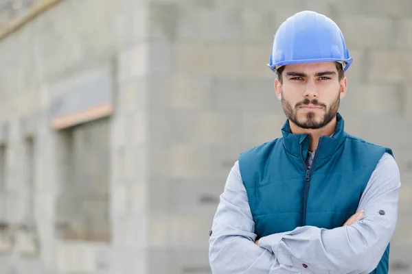 Construtor Masculino Trabalhador Construção Civil Canteiro Obras — Fotografia de Stock