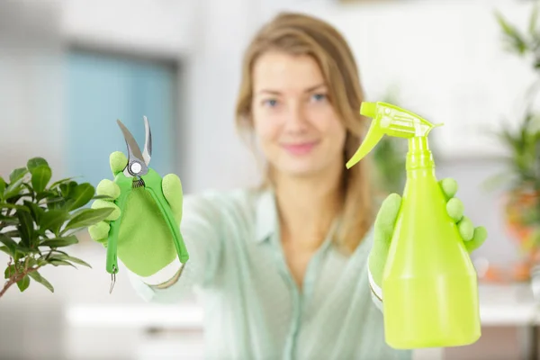 Mulher Mostrando Tesouras Spray Necessário Para Cuidado Houseplant — Fotografia de Stock