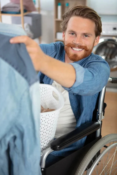Young Disabled Man Wheelchair Using Basket — Stock Photo, Image