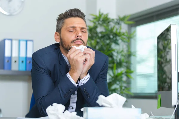 Businessman Office Holding Tissue His Nose — Stock Photo, Image