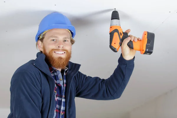 Portrait Handsome Happy Builder Skrewdriver — Stock Photo, Image