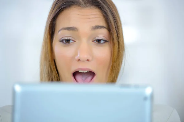 Girl Making Expression Front Tablet — Stock Photo, Image