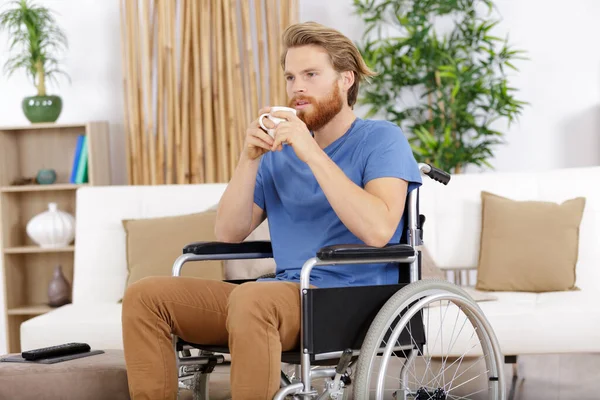 Disabled Man Wheelchair Having Coffee Home — Stock Photo, Image