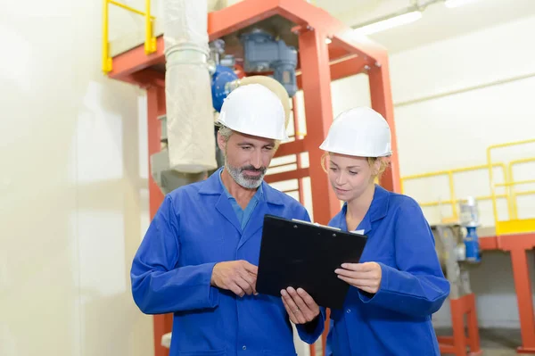 Portret Van Fabrieksarbeiders Met Helm — Stockfoto