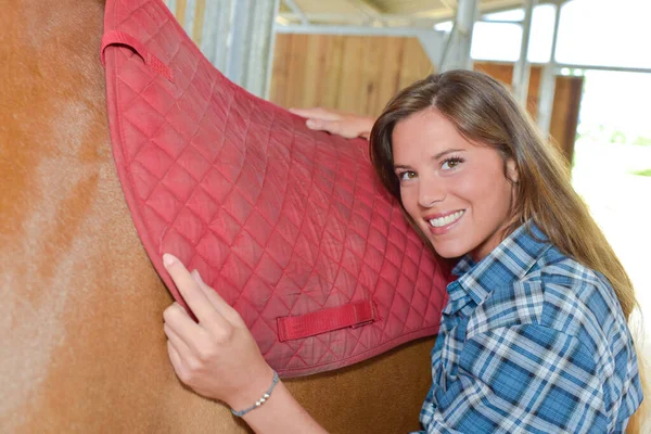 Lady Poniendo Manta Espalda Del Caballo —  Fotos de Stock