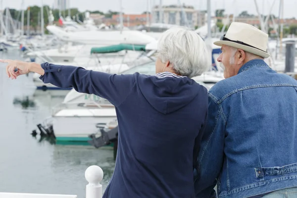 港を見下ろす老夫婦の後ろ姿 — ストック写真