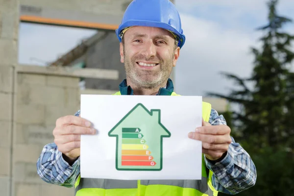 Trabalhador Construção Que Possua Sinal Classificação Eficiência Energética — Fotografia de Stock