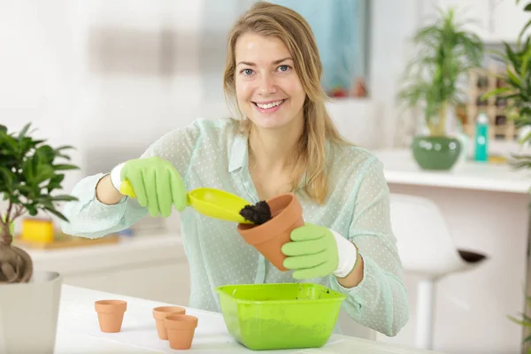 Bela Mulher Plantando Uma Planta Vaso Sua Casa — Fotografia de Stock