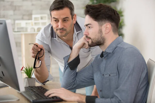 Male Office Workers Looking Anxiously Computer Screen — Stock Photo, Image