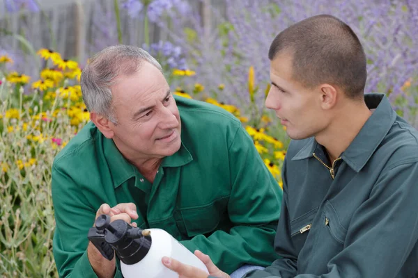 Jardineros Felices Hablando Vivero Plantas — Foto de Stock