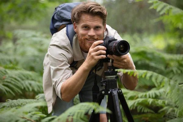 Fotógrafo Profissional Atirando Com Câmera Tripé Uma Floresta — Fotografia de Stock