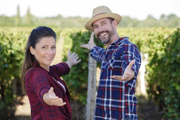 Couple Presenting Vineyard — Stock Photo, Image