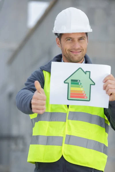 Obrero Mostrando Señal Calificación Energética — Foto de Stock