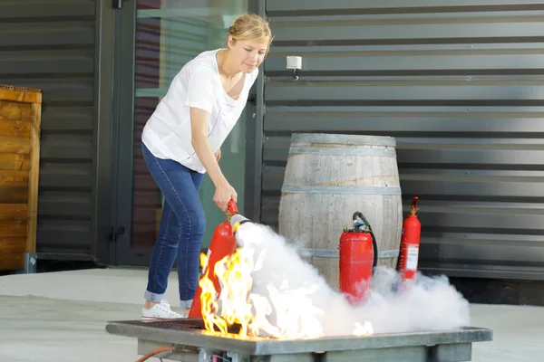 Joven Hermosa Mujer Sosteniendo Extintor Incendios — Foto de Stock