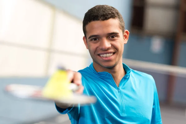 Jogador Badminton Barbudo Roupa Esportiva — Fotografia de Stock