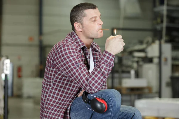 Exhausted Factory Worker Smoking — Stock Photo, Image