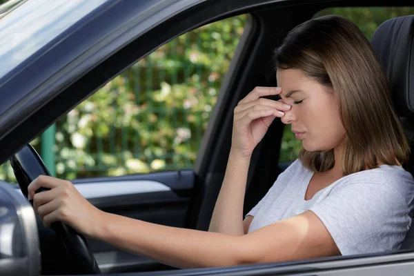 Female Driver Headache Car — Zdjęcie stockowe