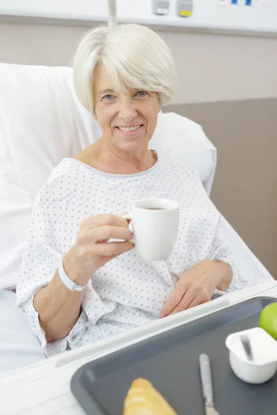 Elderly Woman Patient Drinking Tea Hospital —  Fotos de Stock