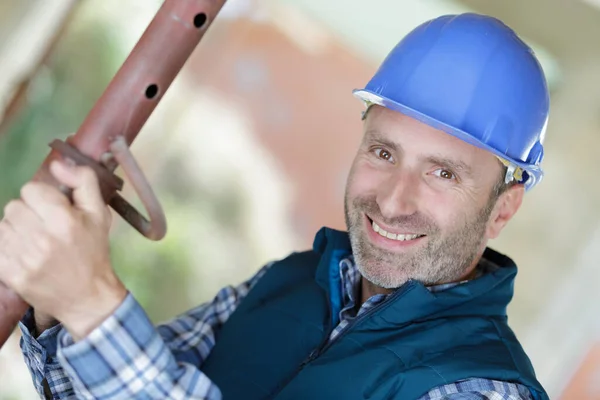 Male Plumber Fixing Water Meter Adjustable Wrench — Stock Photo, Image