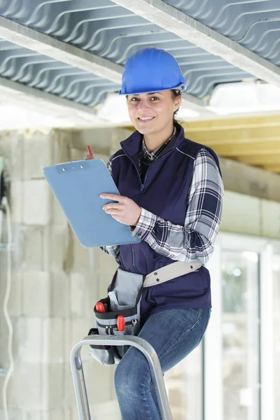 Woman Construction Worker Builder Standing Ladder —  Fotos de Stock
