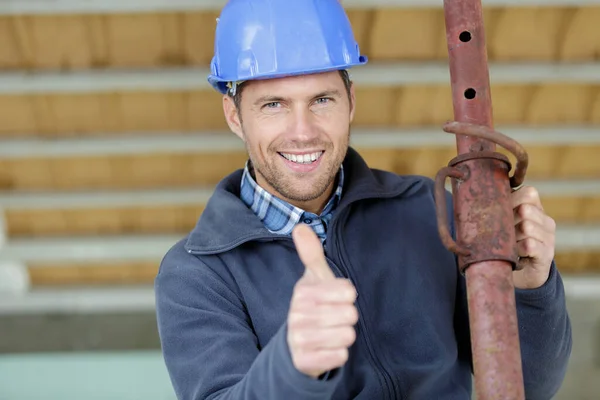 Worker Water Pipe Showing Thumb — Fotografia de Stock