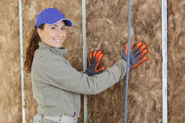 Female Worker Working Insulation Wall — 스톡 사진