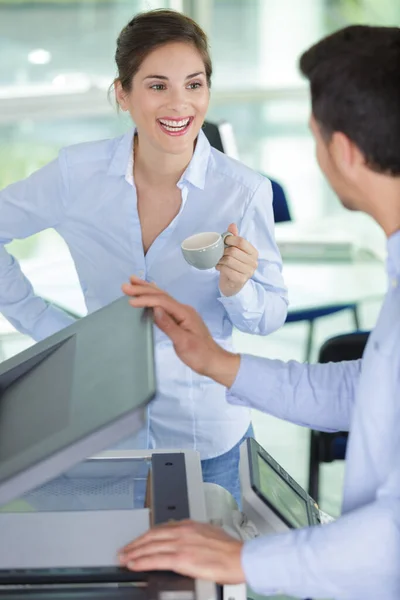 Joyful Man His Charming Female Colleague Talking — Stockfoto