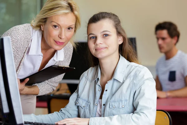 Portrait Female Student Teacher Sat Computer Desk — Photo