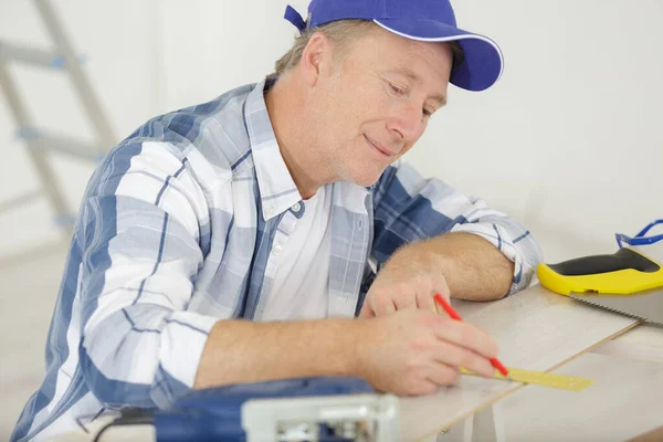 Carpenter Work Measures Tape Measure Wood — 图库照片