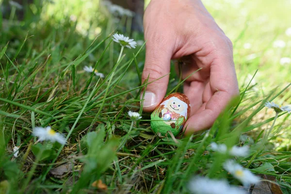 Portrait Hand Easter Eggs Grass — стоковое фото