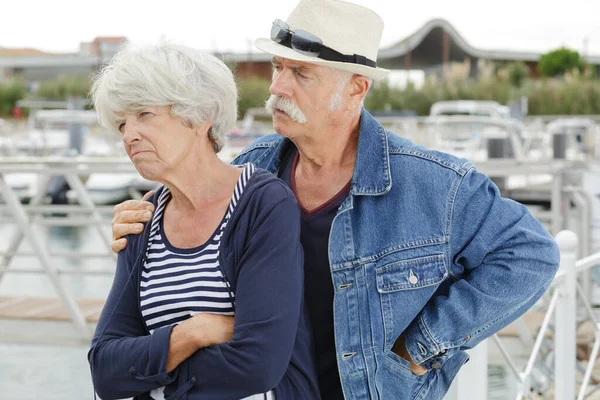 Anziano Uomo Cercando Consolare Scontroso Moglie — Foto Stock