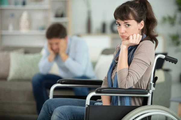 Sad Disabled Person Wheelchair Partner — Stockfoto
