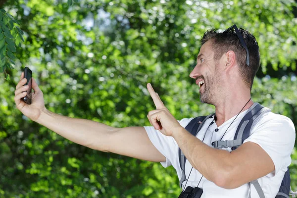 Middle Aged Rambler Taking Selfie Countryside — Zdjęcie stockowe