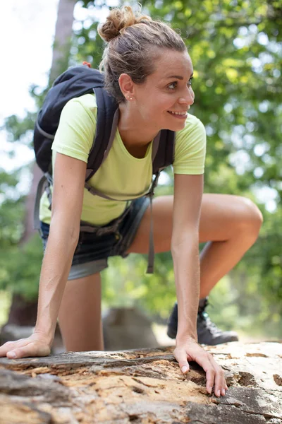 Young Woman Hiker Climbing Rock Mountain Peak Cliff — 图库照片