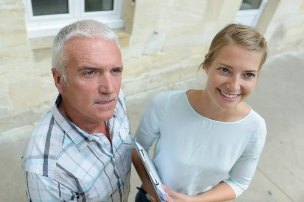 Man Woman Architects Standing Looking Something — Stock Photo, Image