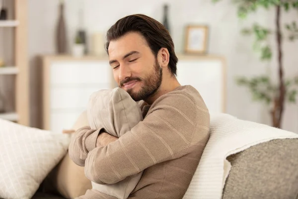 Serene Relaxed Handsome Man Resting Comfortable Couch — Stock Photo, Image