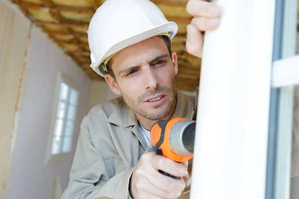 Construction Worker Using Drill — Stock Photo, Image
