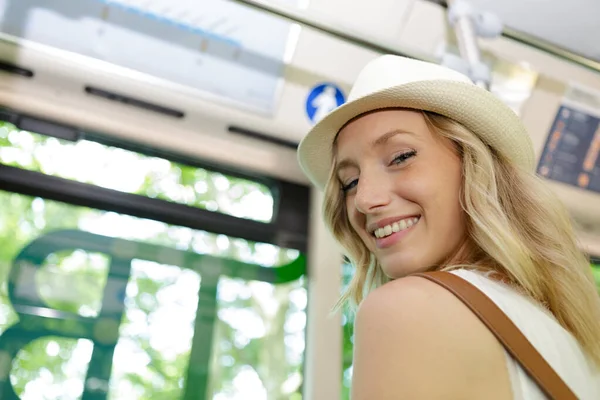 Happy Woman Having Excursion Open Touristic Bus — Stock Photo, Image