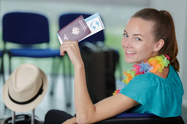 Woman Holding Passport Looking Camera — Stock Photo, Image