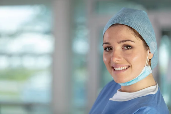 Happy Female Nurse Smiling Surgeon Mask — Stock Photo, Image